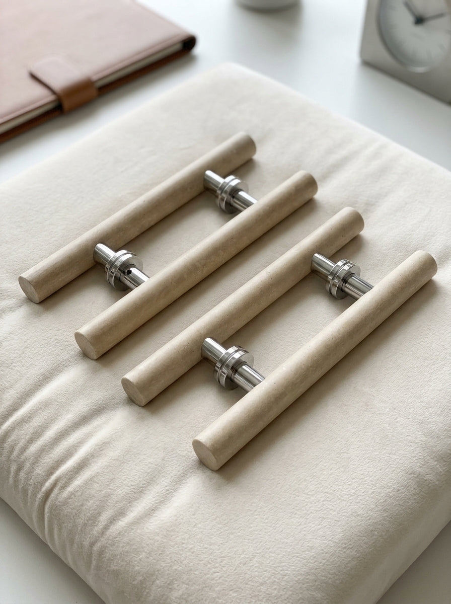 Travertine cylinder door pulls with brushed stainless steel mounting posts on beige fabric