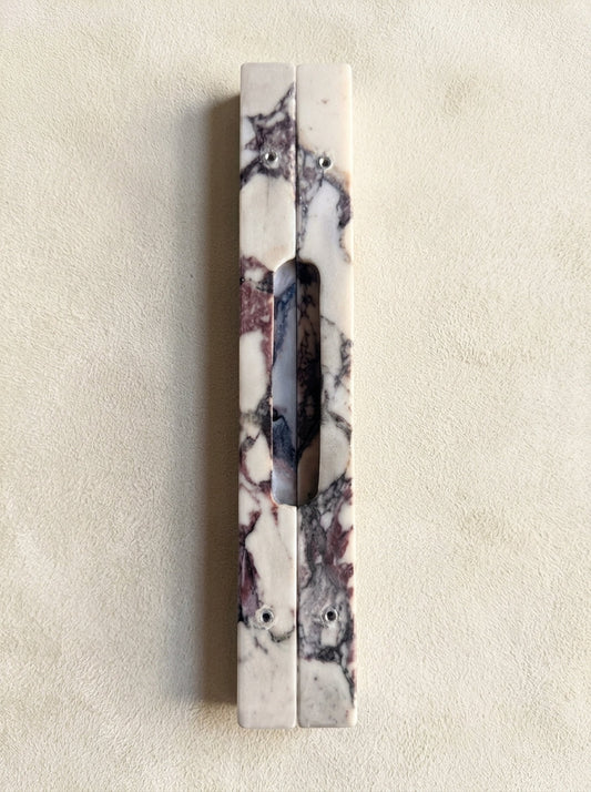 Yukixstone Viola Bar Stone Door Pull - pair of slim Calacatta Viola marble bars mounted on light oak double doors, one bar per door