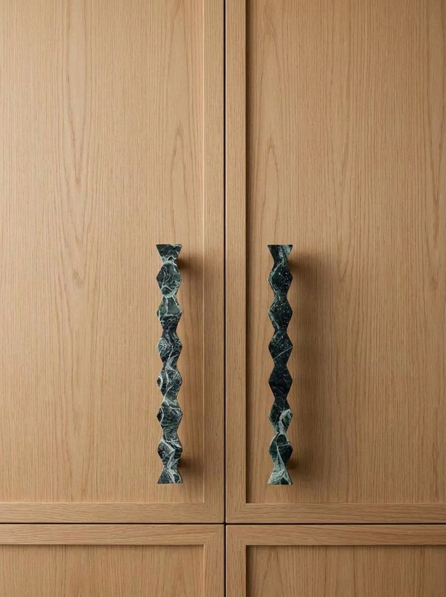 Yukixstone Zigzag Stone Pull in Verde Alpi - hand-carved faceted bar pull for cabinet doors