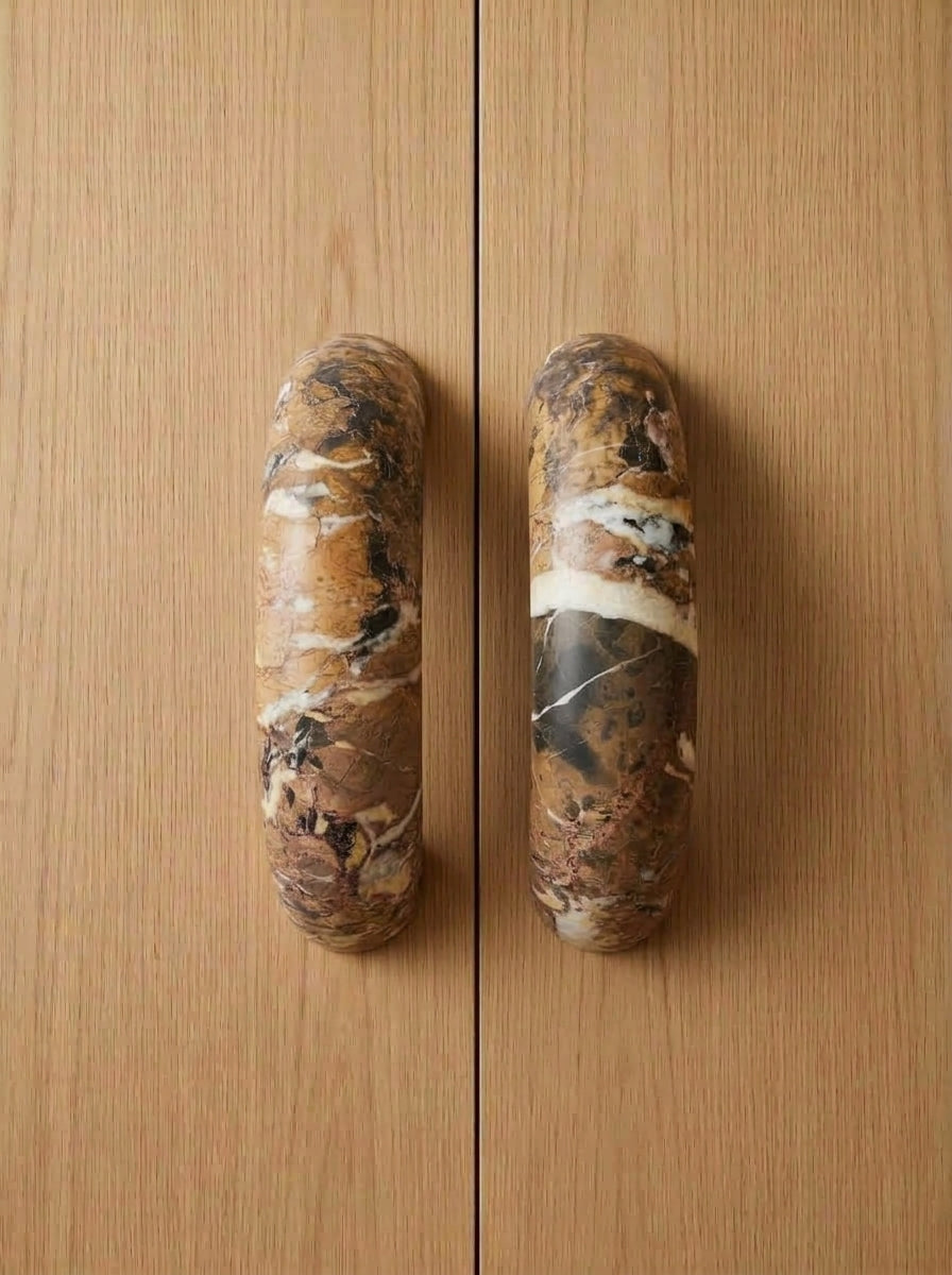 Yukixstone Breccia Pandolfo natural stone arch pull - hand-carved curved marble cabinet handle pair for wardrobes and tall cabinet doors