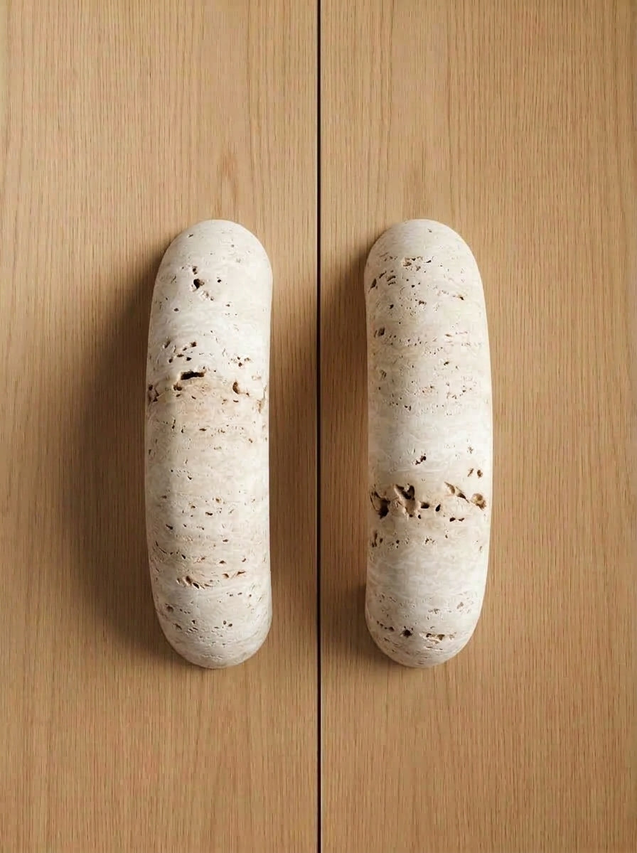 Yukixstone Navona Travertine natural stone arch pull - hand-carved curved marble cabinet handle pair for wardrobes and tall cabinet doors