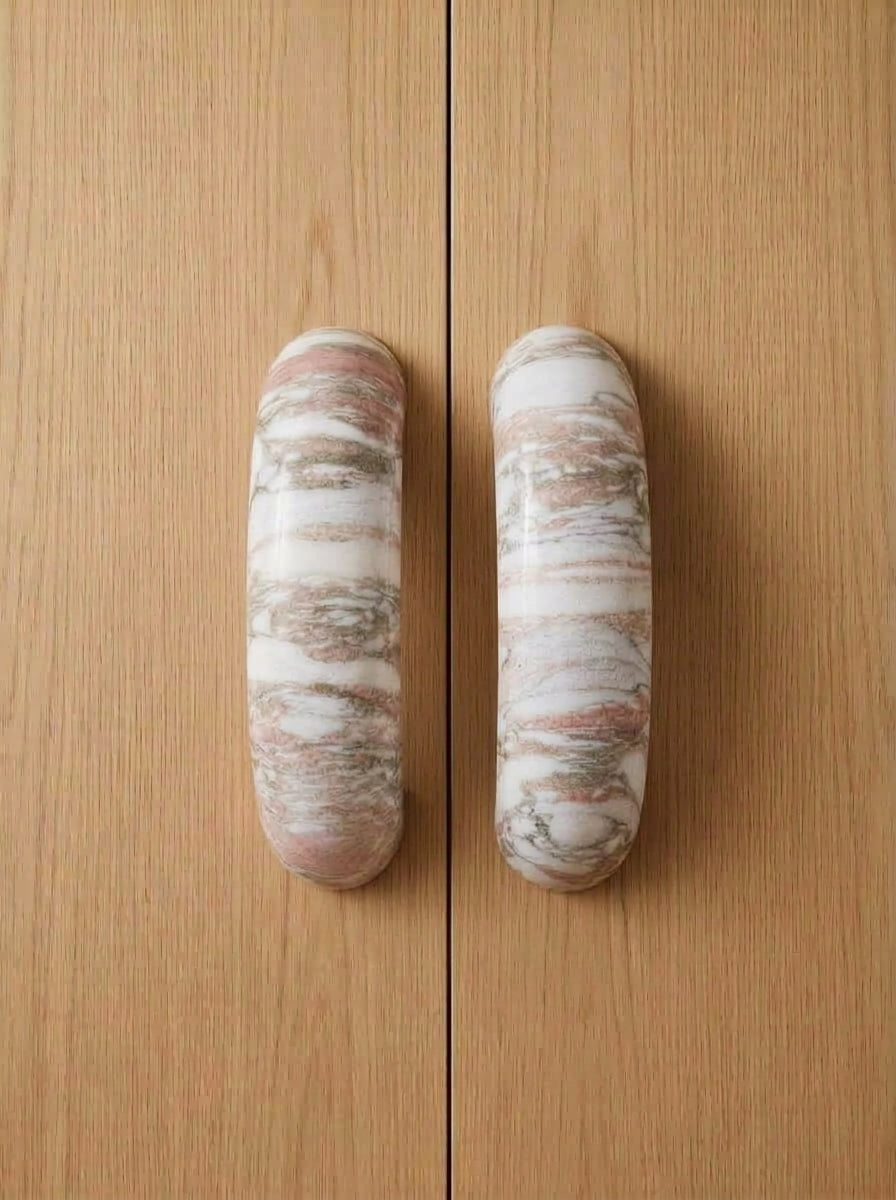 Yukixstone Rosa Norvegia natural stone arch pull - hand-carved curved marble cabinet handle pair for wardrobes and tall cabinet doors