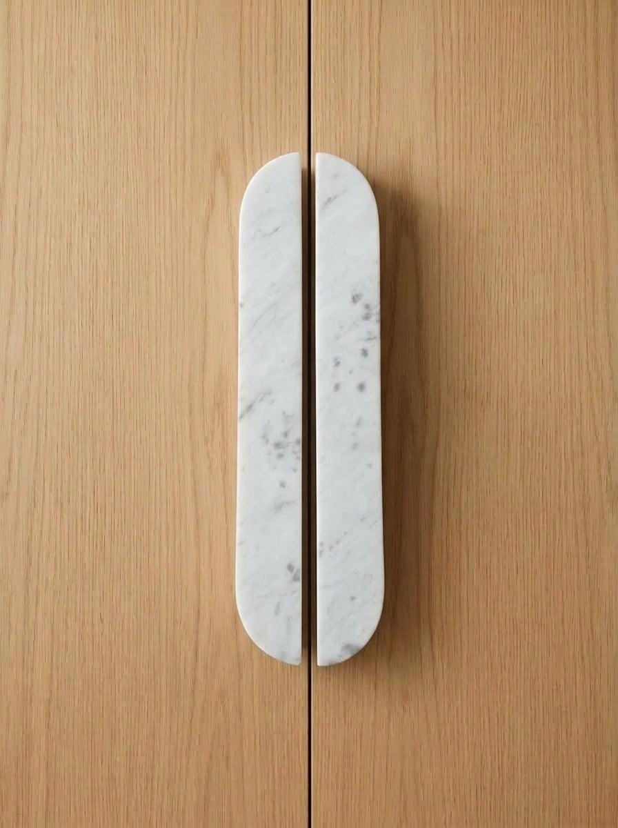 Yukixstone Bianco Carrara natural stone capsule pull - hand-carved split marble cabinet handle for wardrobe and kitchen doors