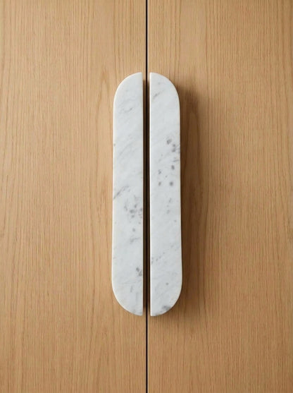 Yukixstone Bianco Carrara natural stone capsule pull - hand-carved split marble cabinet handle for wardrobe and kitchen doors