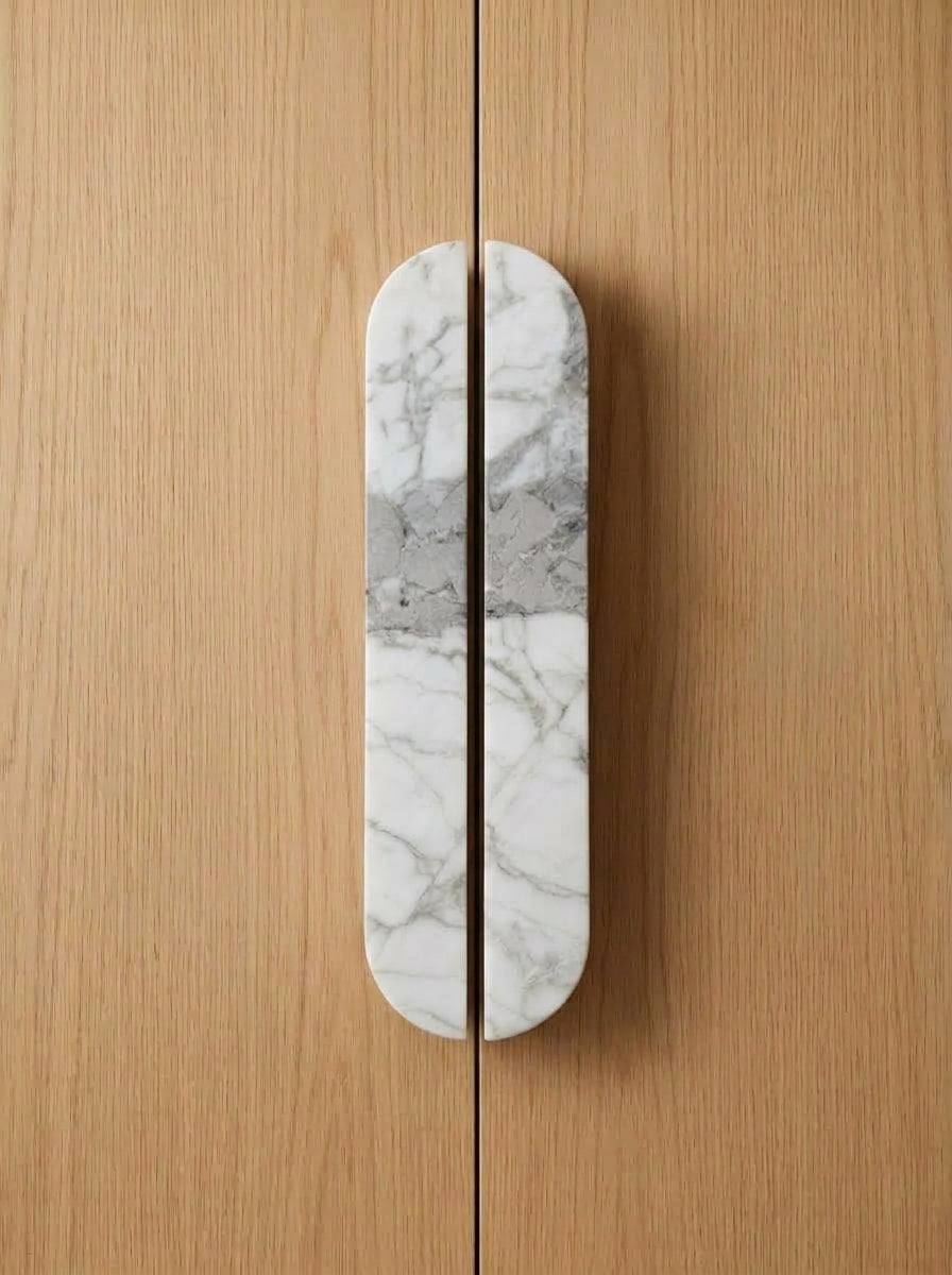 Yukixstone Bianco Grey natural stone capsule pull - hand-carved split marble cabinet handle for wardrobe and kitchen doors