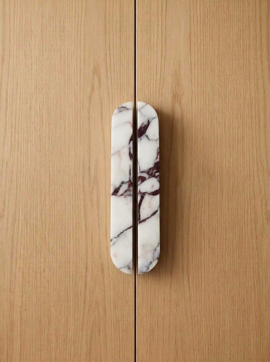 Yukixstone Calacatta Viola natural stone capsule pull - hand-carved split marble cabinet handle for wardrobe and kitchen doors