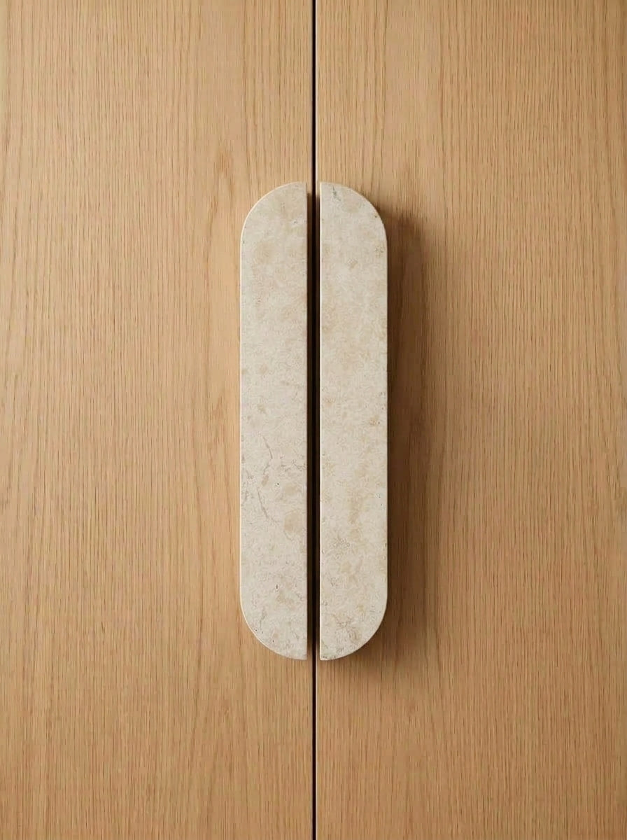 Yukixstone Classic Travertine natural stone capsule pull - hand-carved split marble cabinet handle for wardrobe and kitchen doors