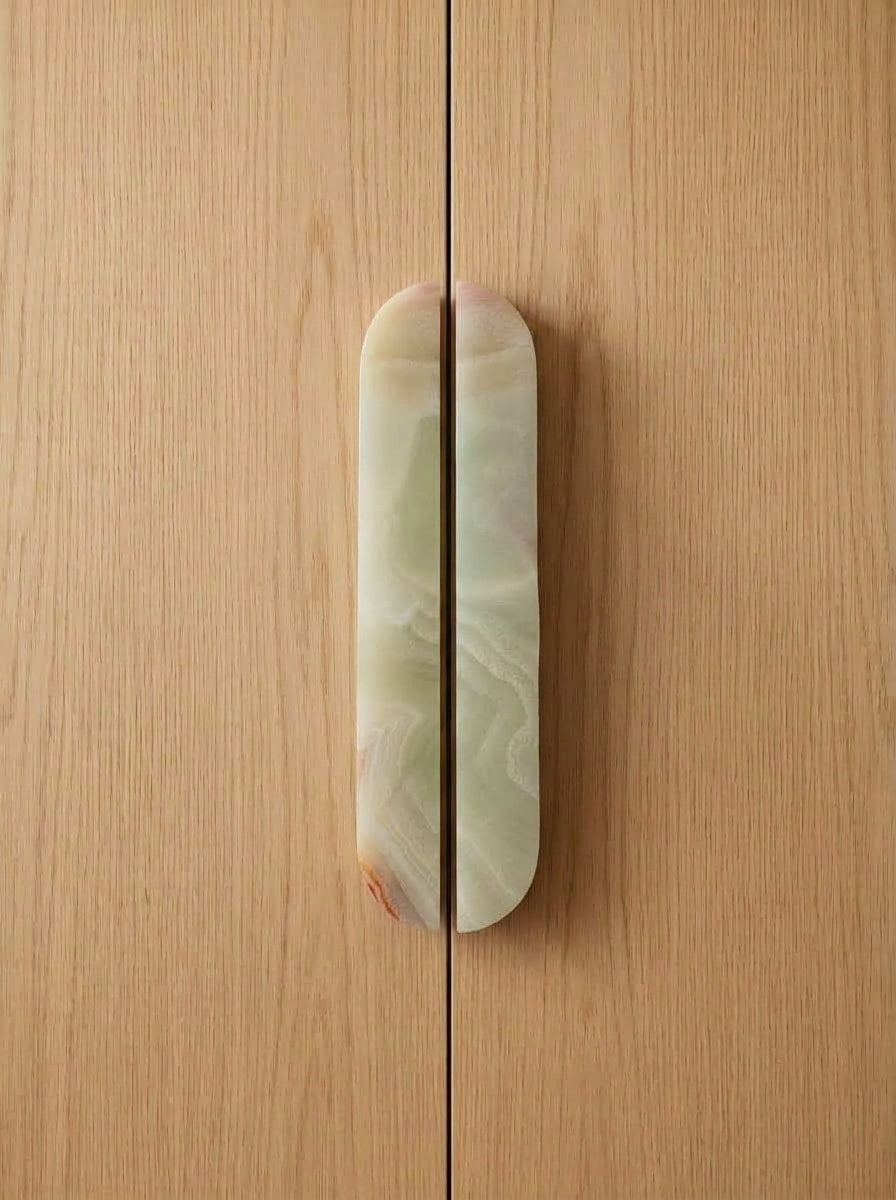 Yukixstone Green Onyx natural stone capsule pull - hand-carved split marble cabinet handle for wardrobe and kitchen doors