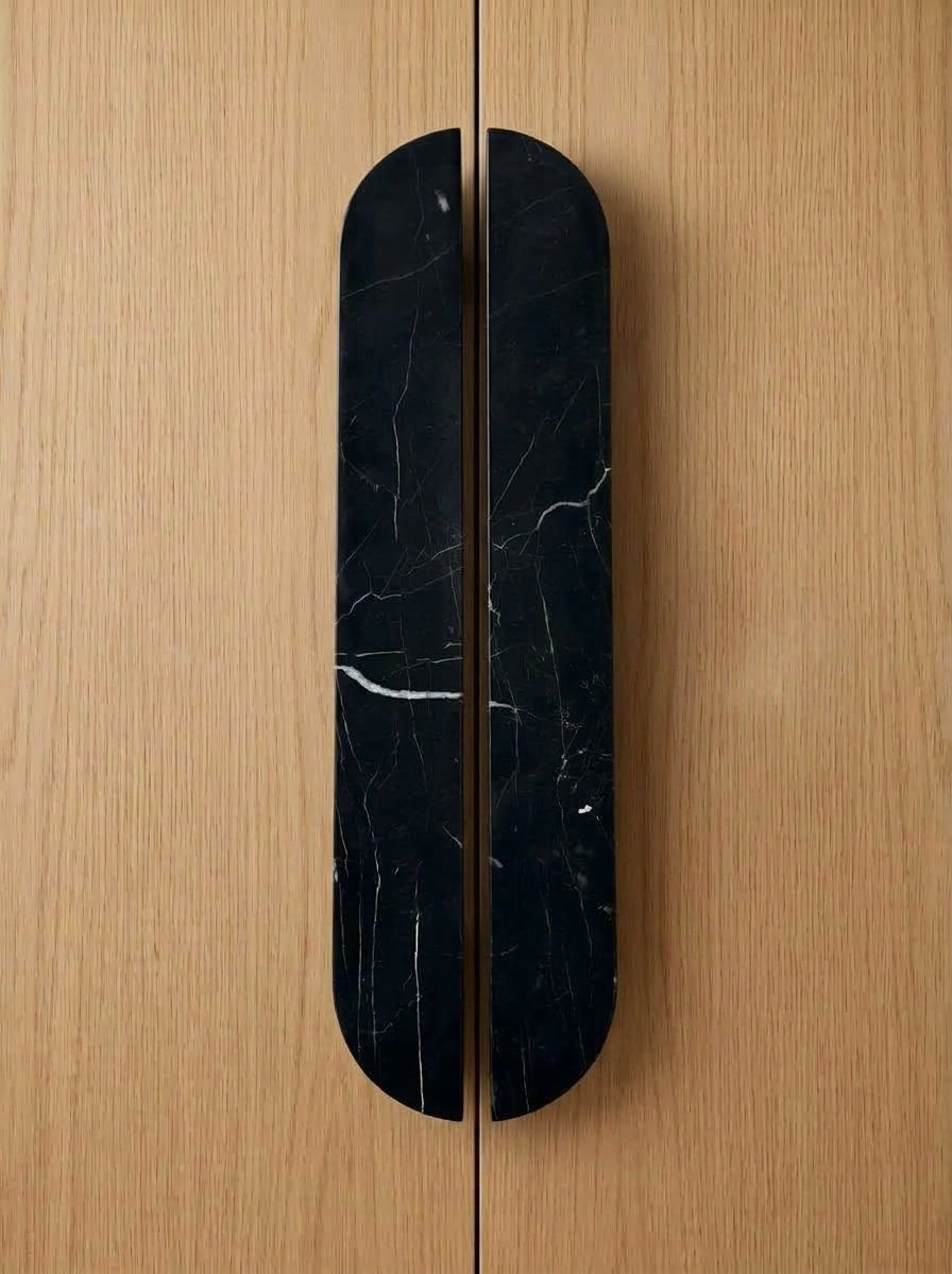 Yukixstone Nero Marquina natural stone capsule pull - hand-carved split marble cabinet handle for wardrobe and kitchen doors
