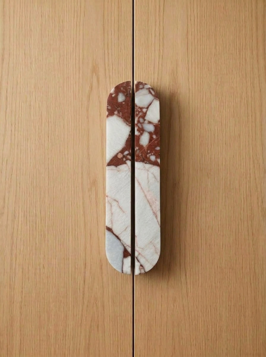 Yukixstone Rosso Breccia natural stone capsule pull - hand-carved split marble cabinet handle for wardrobe and kitchen doors