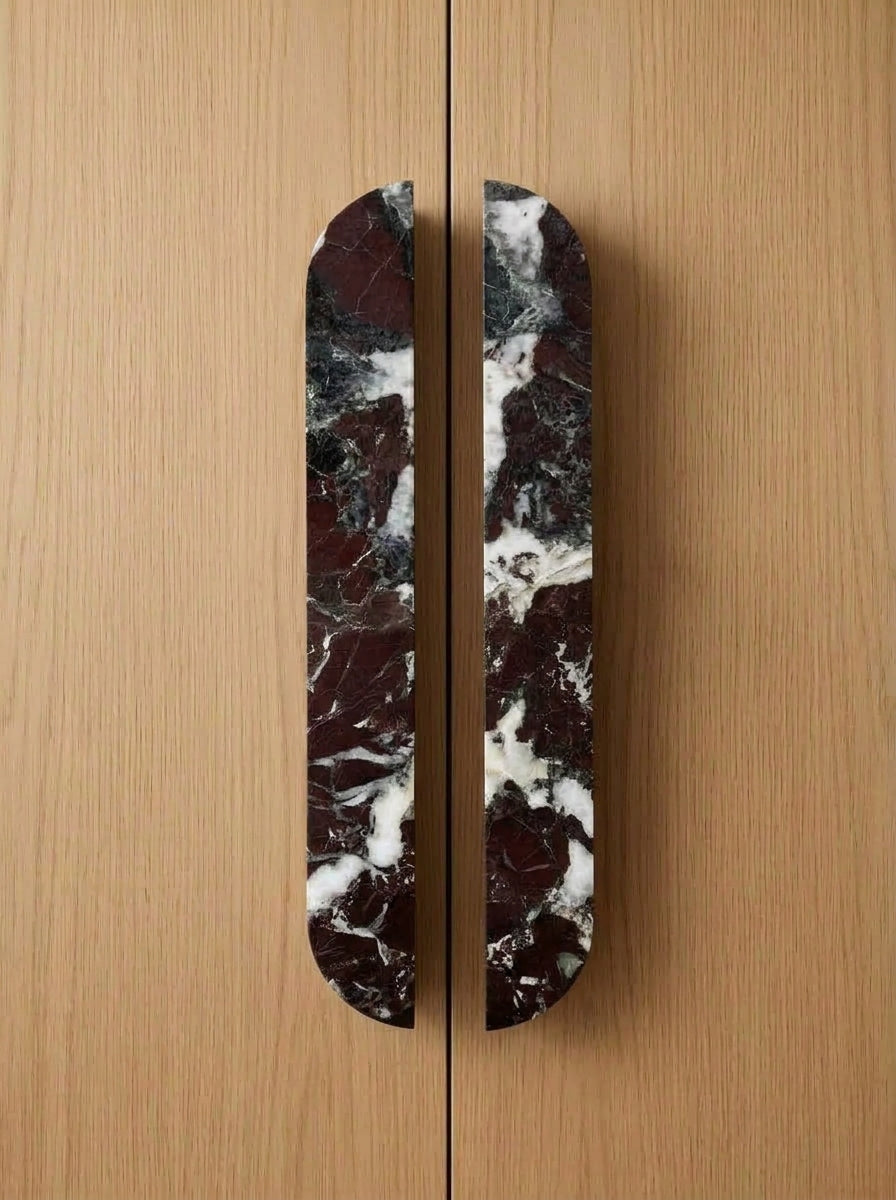 Yukixstone Rosso Levanto natural stone capsule pull - hand-carved split marble cabinet handle for wardrobe and kitchen doors