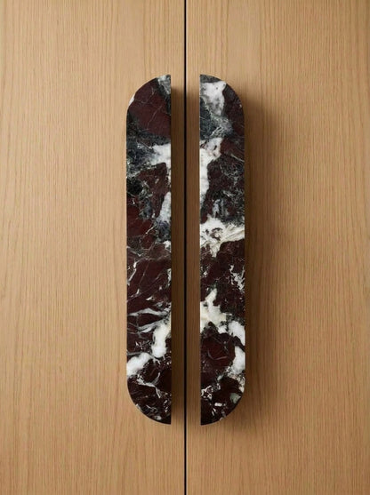 Yukixstone Rosso Levanto natural stone capsule pull - hand-carved split marble cabinet handle for wardrobe and kitchen doors