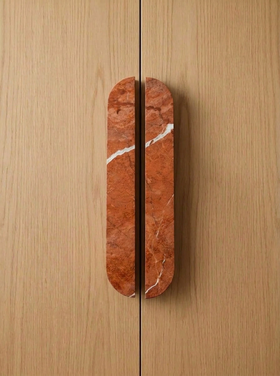 Yukixstone Rosso Verona natural stone capsule pull - hand-carved split marble cabinet handle for wardrobe and kitchen doors