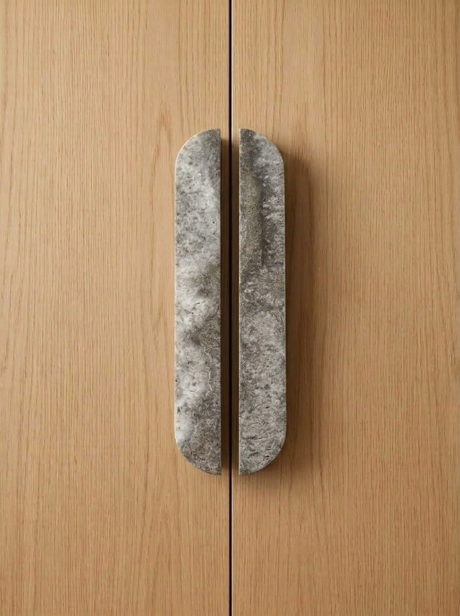 Yukixstone Silver Travertine natural stone capsule pull - hand-carved split marble cabinet handle for wardrobe and kitchen doors