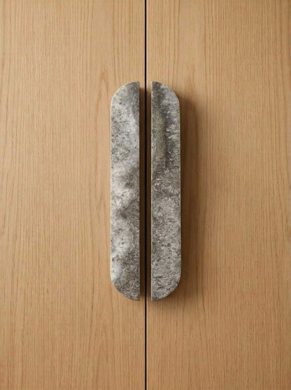 Yukixstone Silver Travertine natural stone capsule pull - hand-carved split marble cabinet handle for wardrobe and kitchen doors