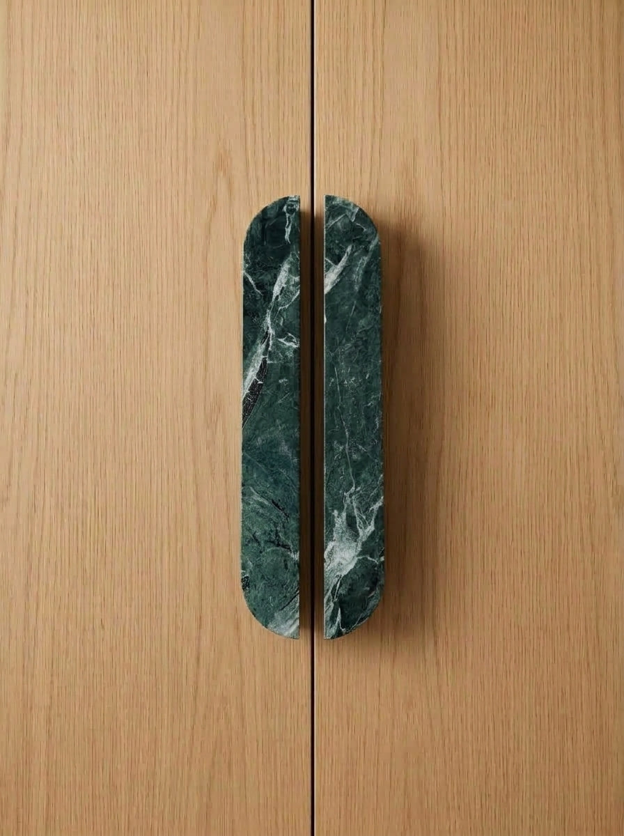 Yukixstone Verde Alpi natural stone capsule pull - hand-carved split marble cabinet handle for wardrobe and kitchen doors