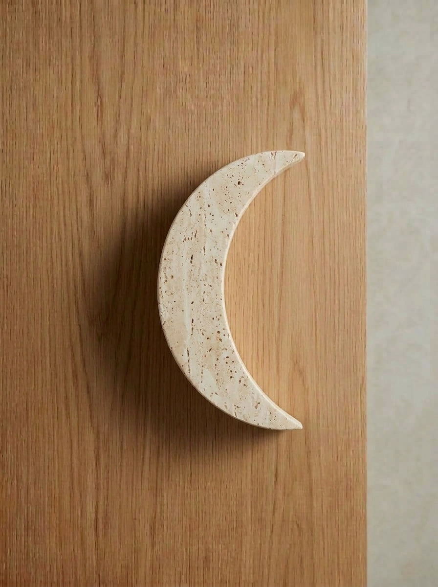 Yukixstone Classic Travertine crescent stone pull - hand-carved crescent moon natural travertine door pull with no visible metal