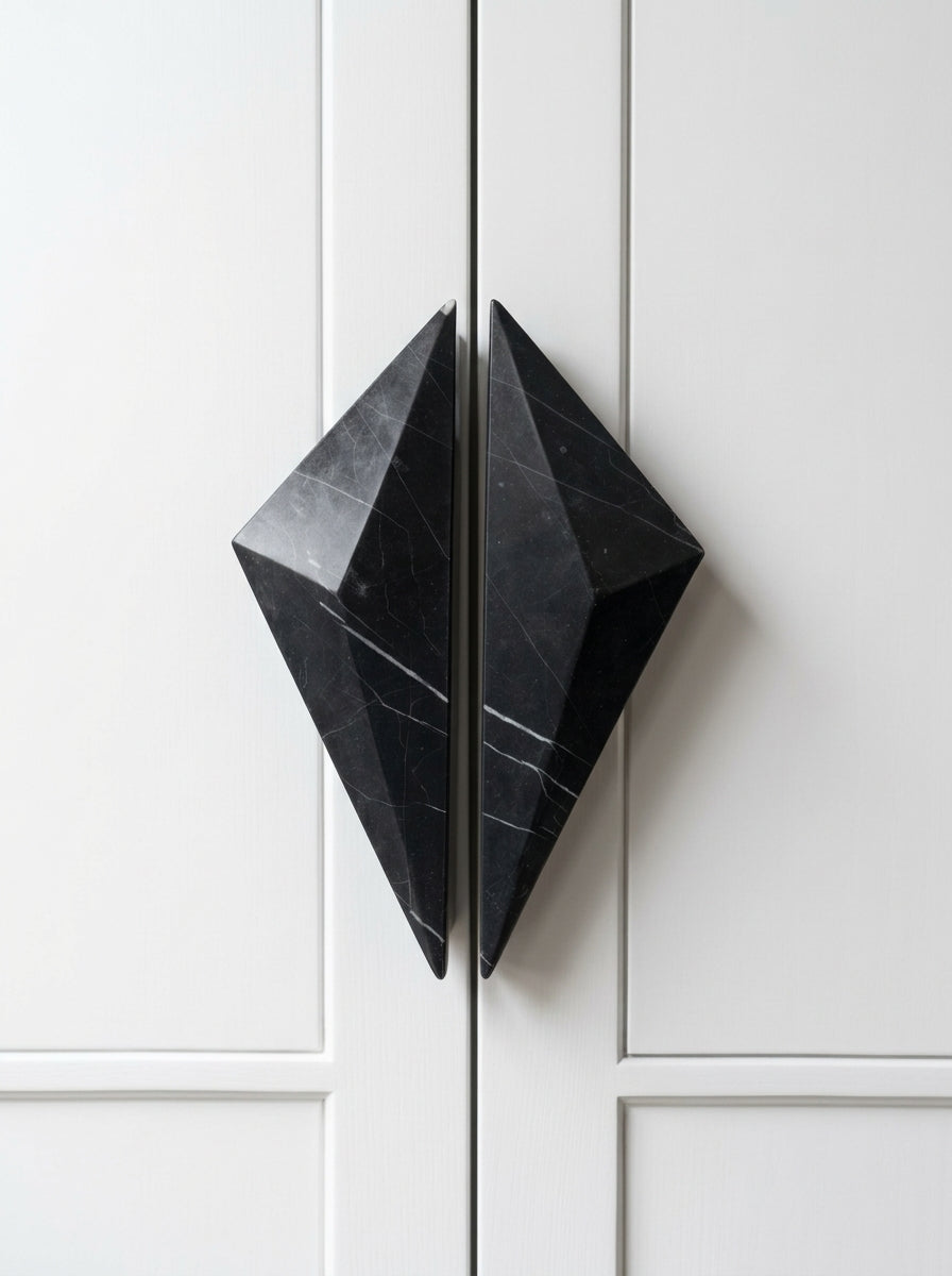 Yukixstone Diamond Stone Pull in Nero Marquina - hand-carved faceted bar pull for cabinet doors