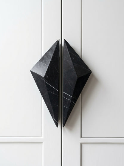 Yukixstone Diamond Stone Pull in Nero Marquina - hand-carved faceted bar pull for cabinet doors