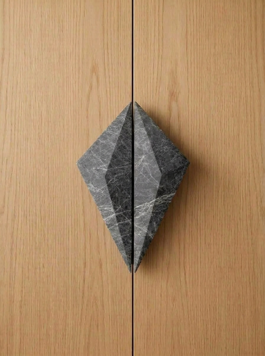 Yukixstone Diamond Stone Pull pair in Silver Travertine installed on closed oak double doors - the two faceted halves meet to form a full diamond