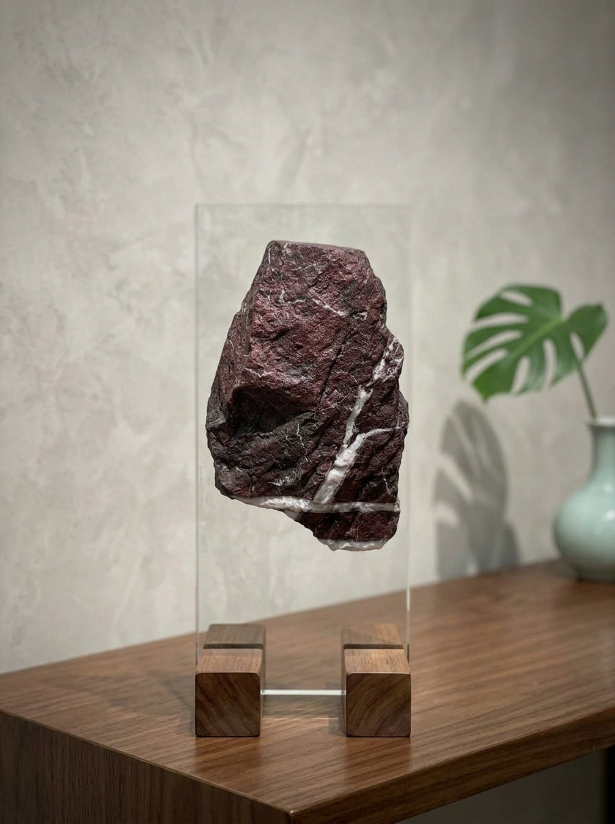 Raw brecciated jasper glass door pull displayed on an acrylic stand