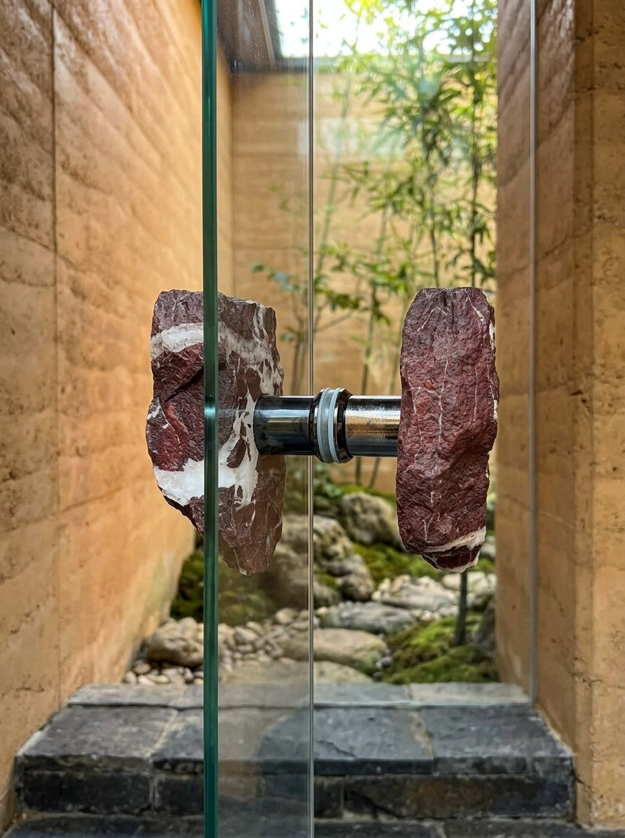 Brecciated jasper raw stone back-to-back pull mounted on a frameless glass door
