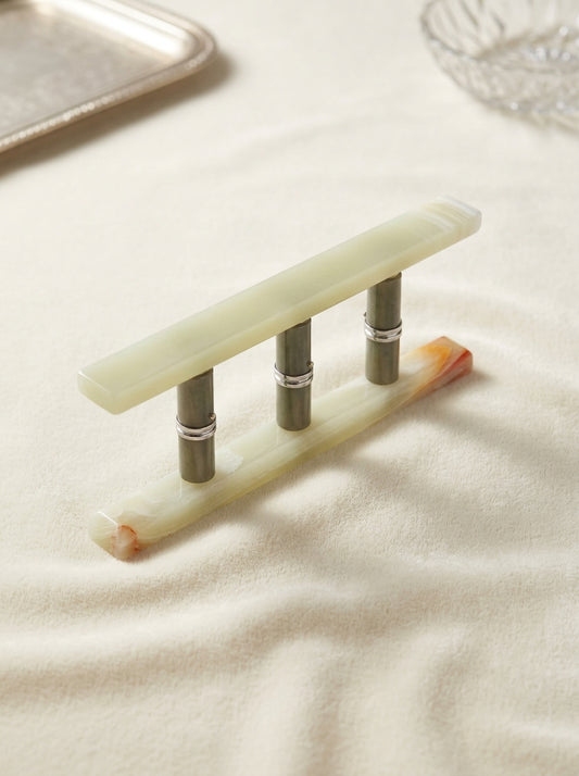 Yukixstone Green Onyx Bar Stone Door Pull - hand-carved translucent green onyx bar 12.6 in tall with gunmetal standoffs, sold as a pair