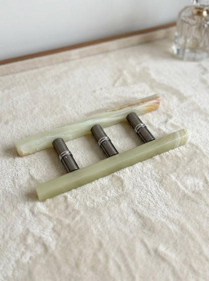 Yukixstone Green Onyx Bar Stone Door Pull - pair of green onyx bars with banded golden tipping, each bar mounts on its own door
