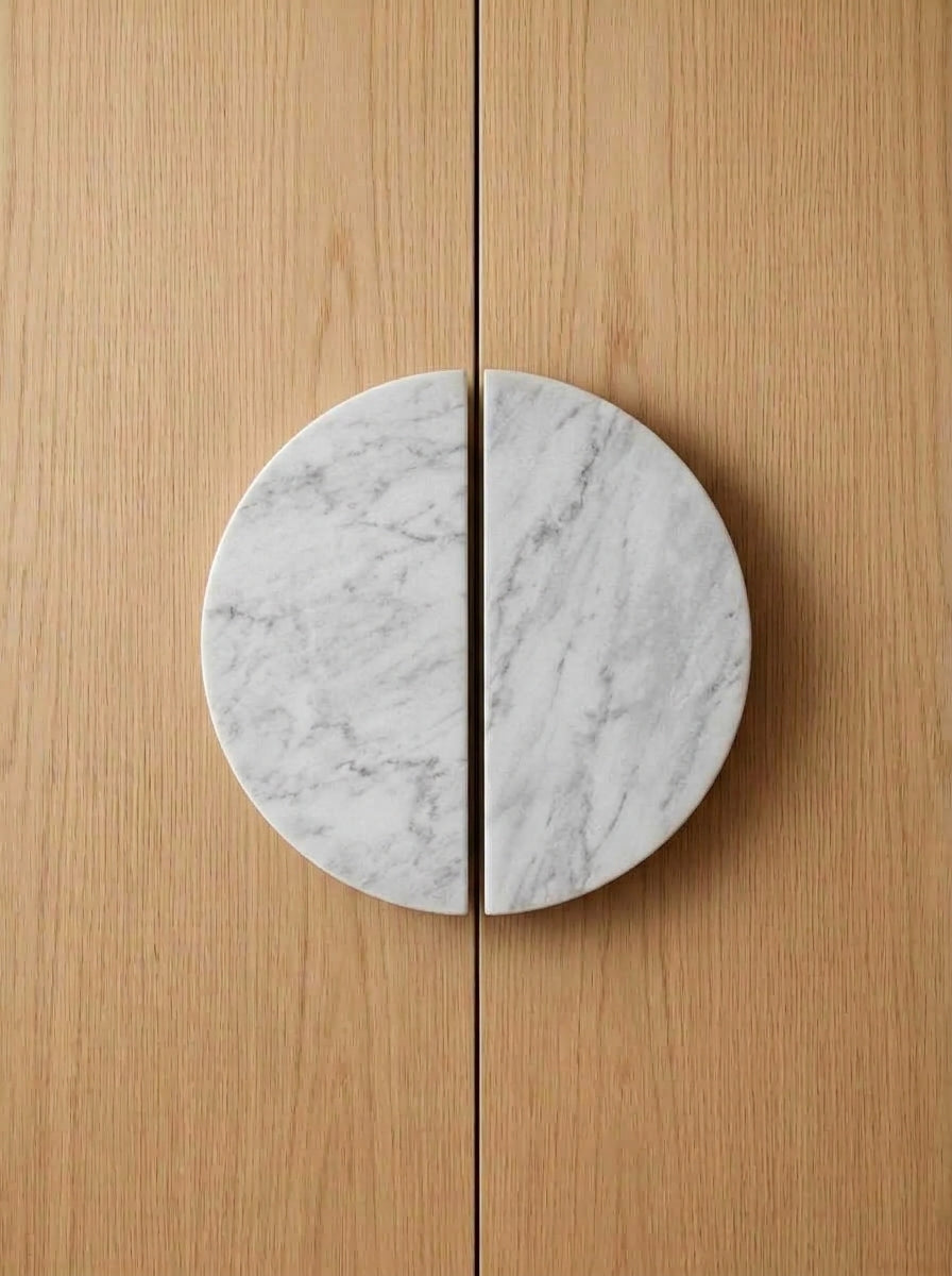 Yukixstone Bianco Carrara natural stone half moon pull pair - hand-carved split marble door pull for double doors and wardrobes