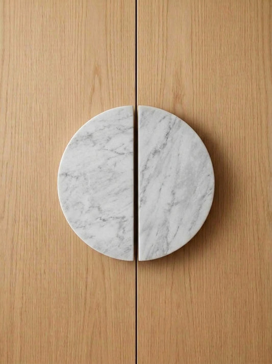 Yukixstone Bianco Carrara natural stone half moon pull pair - hand-carved split marble door pull for double doors and wardrobes