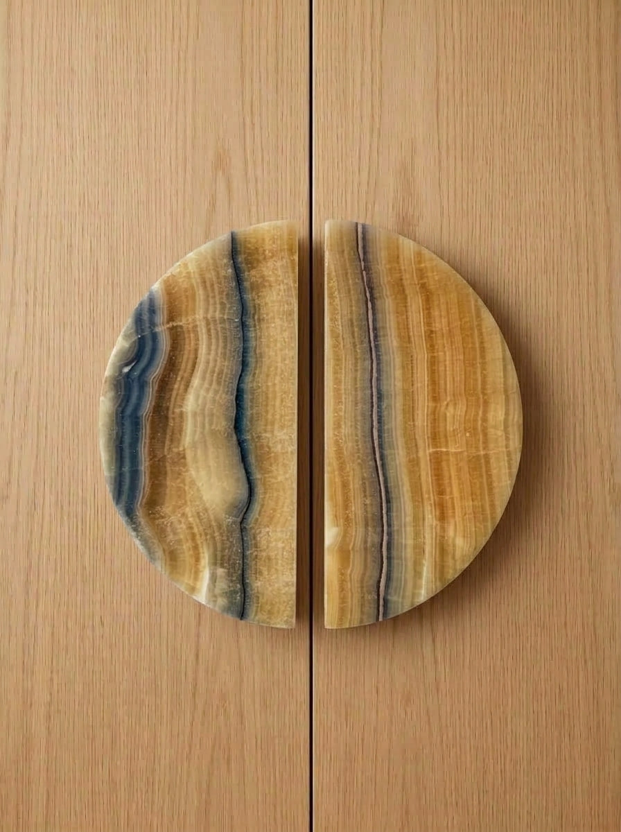 Yukixstone Blue Onyx natural stone half moon pull pair - hand-carved split marble door pull for double doors and wardrobes
