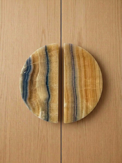 Yukixstone Blue Onyx natural stone half moon pull pair - hand-carved split marble door pull for double doors and wardrobes