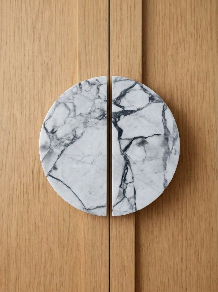 Yukixstone Calacatta Marble natural stone half moon pull pair - hand-carved split marble door pull for double doors and wardrobes