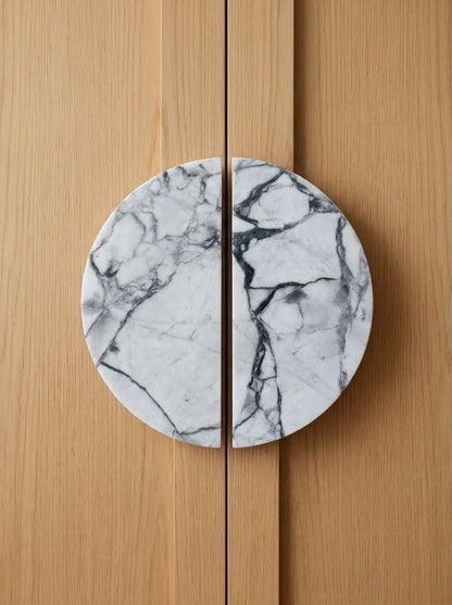 Yukixstone Calacatta Marble natural stone half moon pull pair - hand-carved split marble door pull for double doors and wardrobes