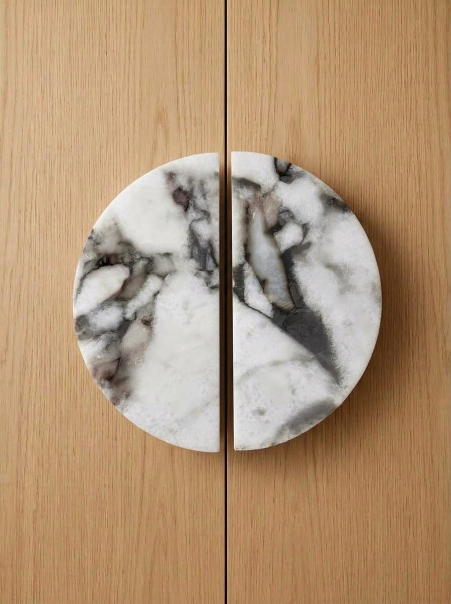 Yukixstone Calacatta Viola natural stone half moon pull pair - hand-carved split marble door pull for double doors and wardrobes