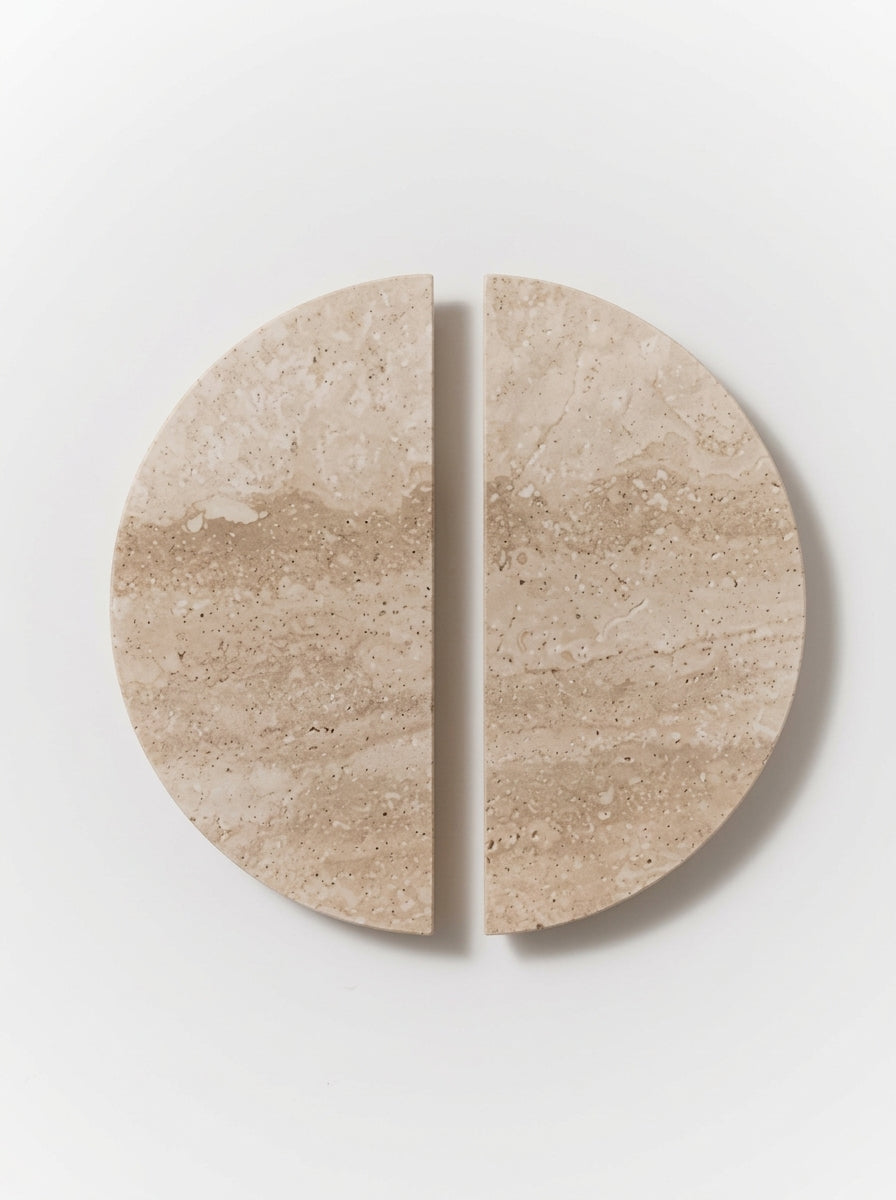Yukixstone Classic Travertine natural stone half moon pull pair - hand-carved split marble door pull for double doors and wardrobes