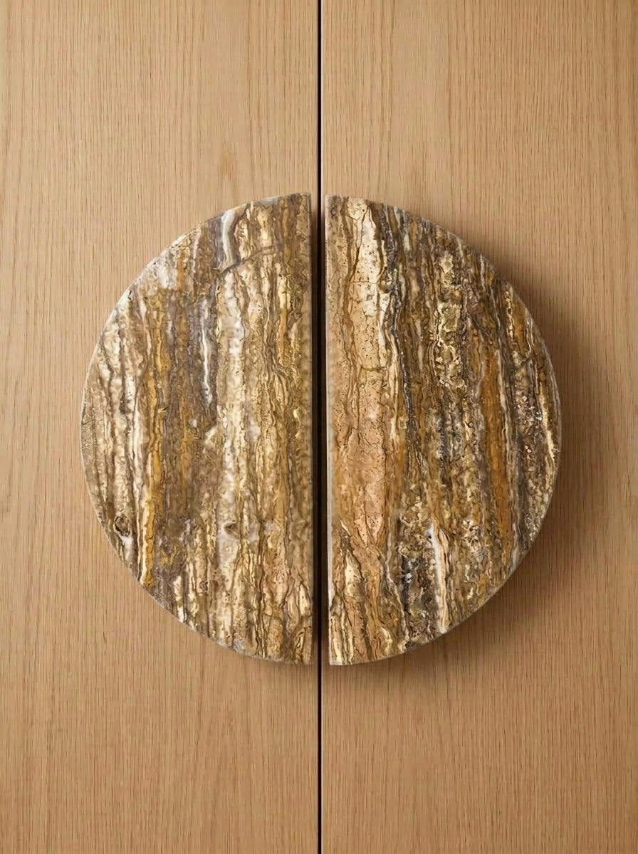 Yukixstone Golden Onyx natural stone half moon pull pair - hand-carved split marble door pull for double doors and wardrobes