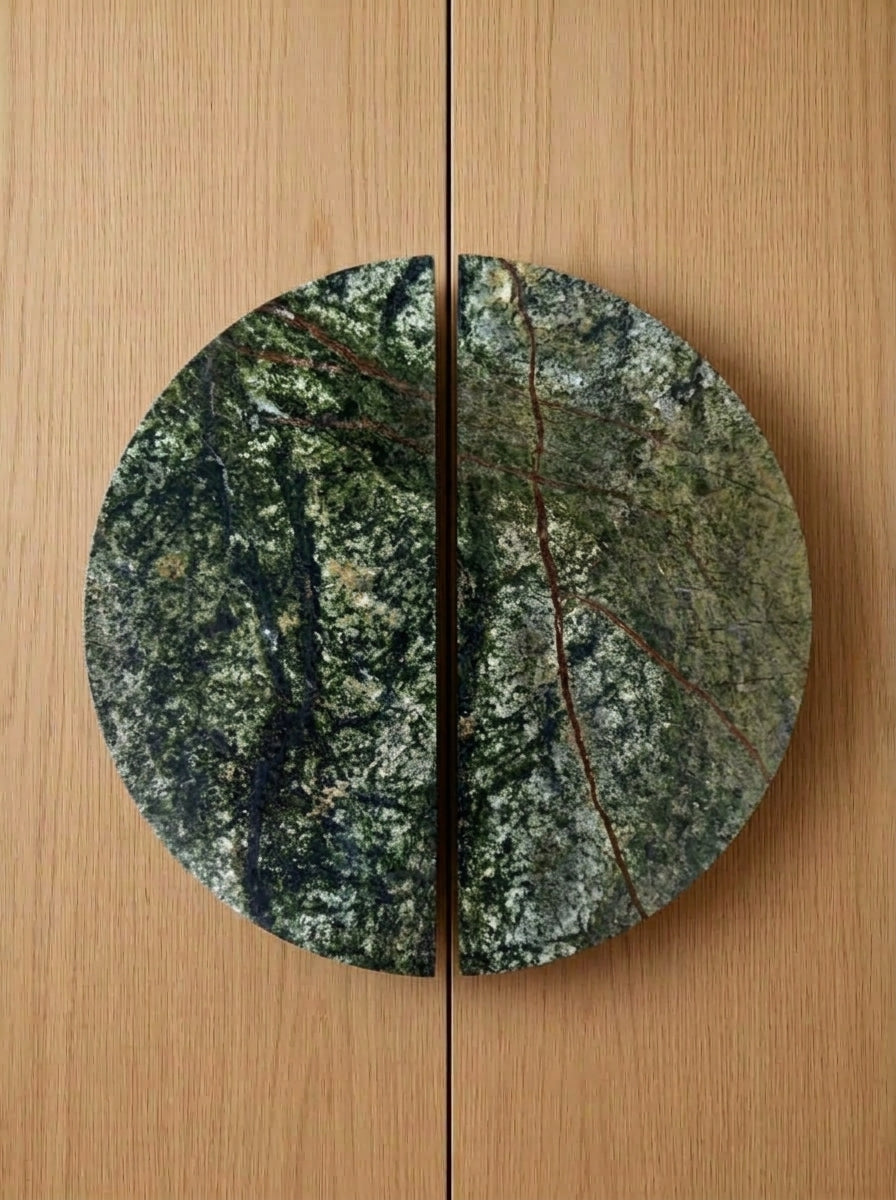Yukixstone Rainforest Green natural stone half moon pull pair - hand-carved split marble door pull for double doors and wardrobes