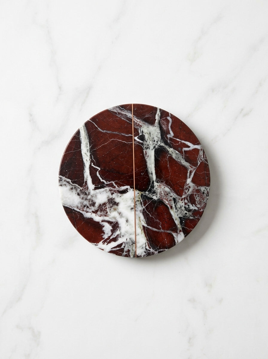 Yukixstone Rosso Levanto natural stone half moon pull pair - hand-carved split marble door pull for double doors and wardrobes