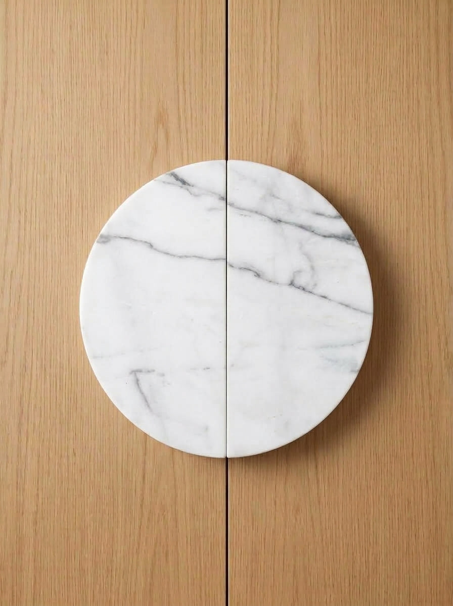 Yukixstone Statuario White natural stone half moon pull pair - hand-carved split marble door pull for double doors and wardrobes