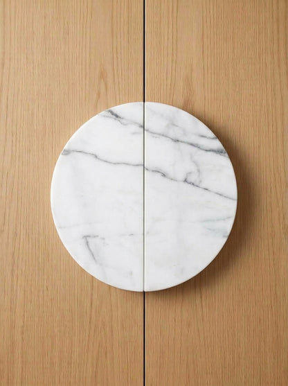 Yukixstone Statuario White natural stone half moon pull pair - hand-carved split marble door pull for double doors and wardrobes