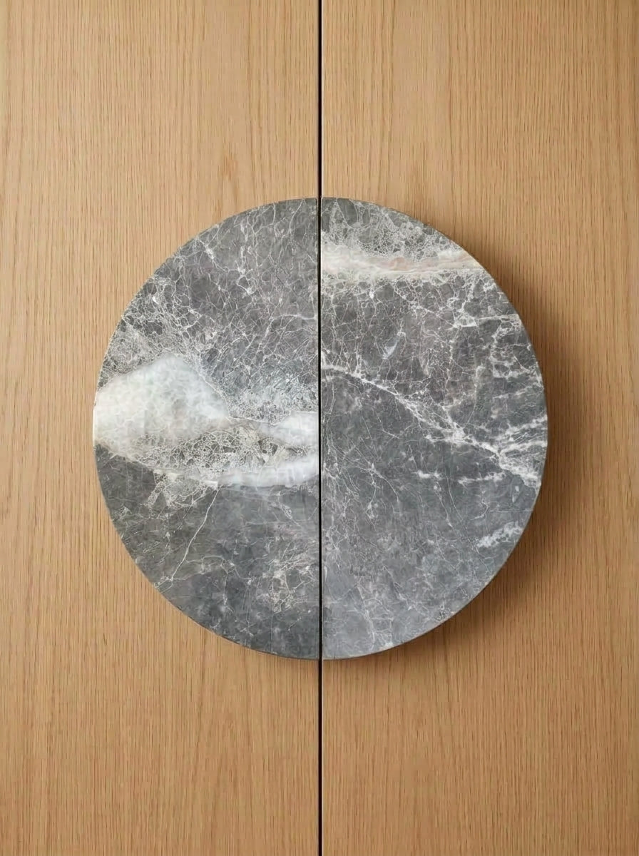 Yukixstone Tundra Grey natural stone half moon pull pair - hand-carved split marble door pull for double doors and wardrobes