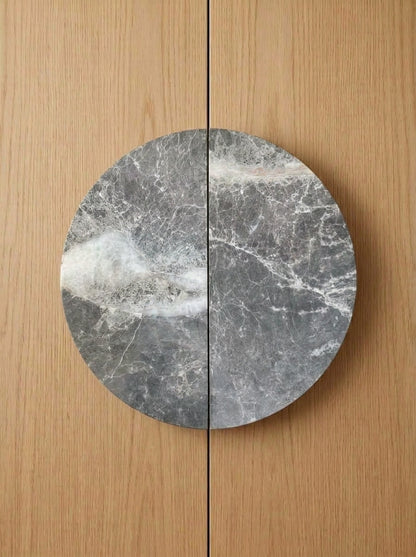 Yukixstone Tundra Grey natural stone half moon pull pair - hand-carved split marble door pull for double doors and wardrobes