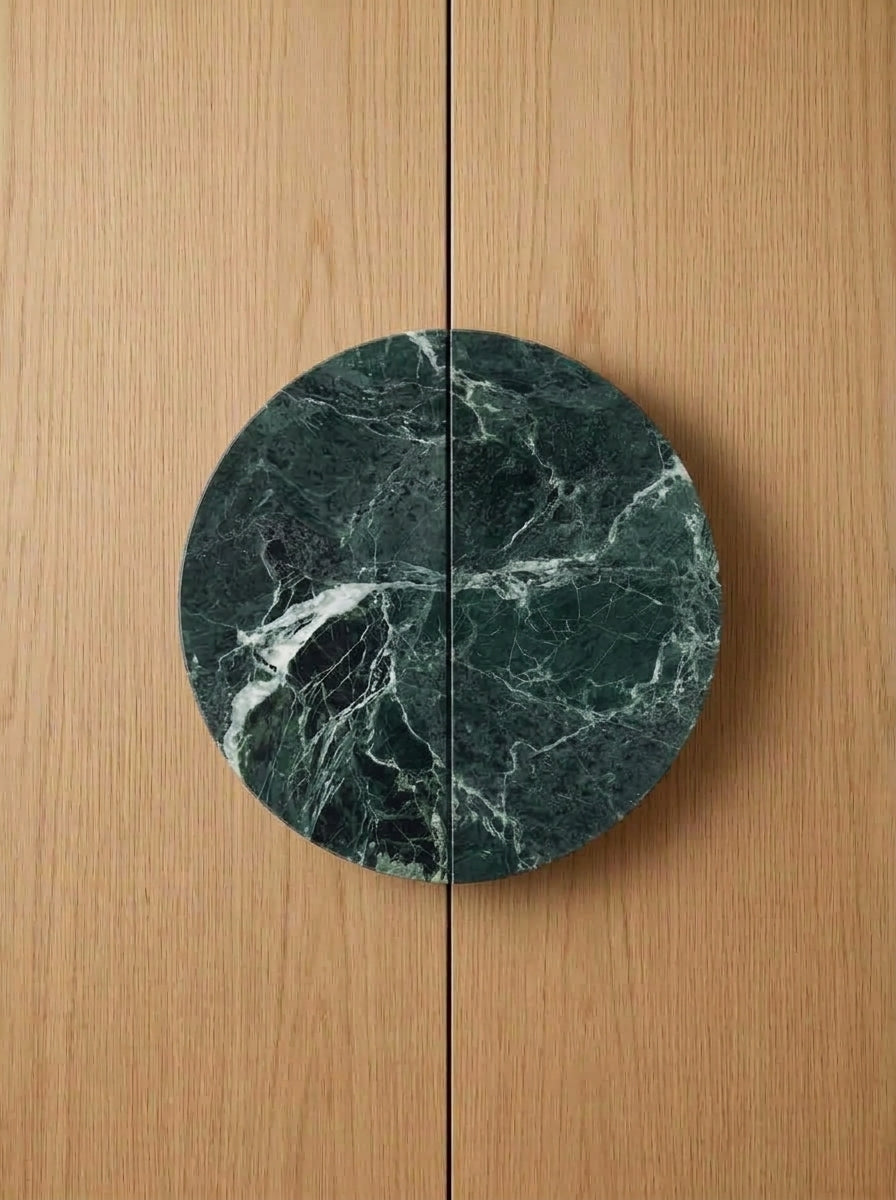 Yukixstone Verde Alpi natural stone half moon pull pair - hand-carved split marble door pull for double doors and wardrobes