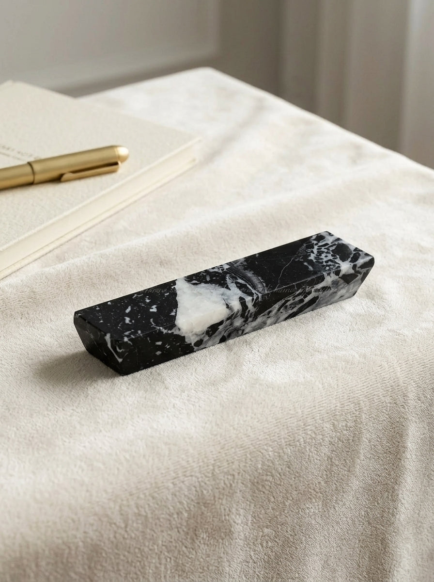 Yukixstone Ingot Stone Door Pull - single chamfered Nero Marquina marble ingot close-up showing crisp bevels and dramatic white veining