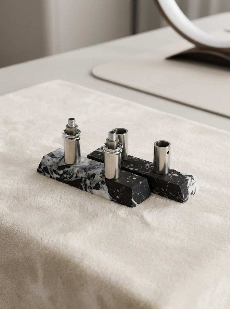 Yukixstone Ingot Stone Door Pull - Nero Marquina marble ingots with the full set of brushed metal fittings: threaded studs, sleeves and mounting screws
