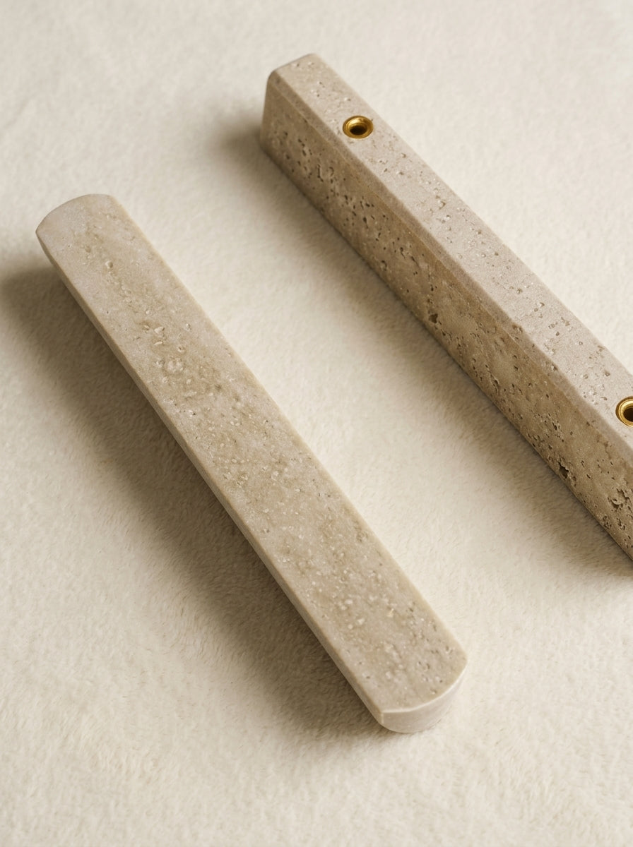 Yukixstone Limestone Bar Stone Door Pull - hand-carved beige limestone bar 11.8 in tall with a smooth rounded face and porous natural back, brass threaded inserts