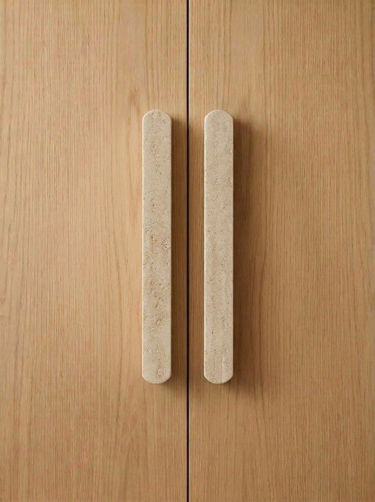 Yukixstone Limestone Bar Stone Door Pull - pair of beige limestone bars mounted on light oak double doors, one bar per door