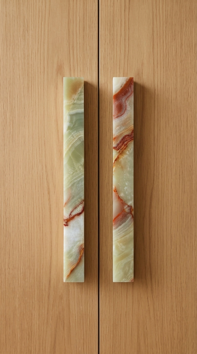 Yukixstone Onyx Bar Stone Pull - long size pair mounted on light oak wardrobe doors, translucent onyx veining in coral and jade green