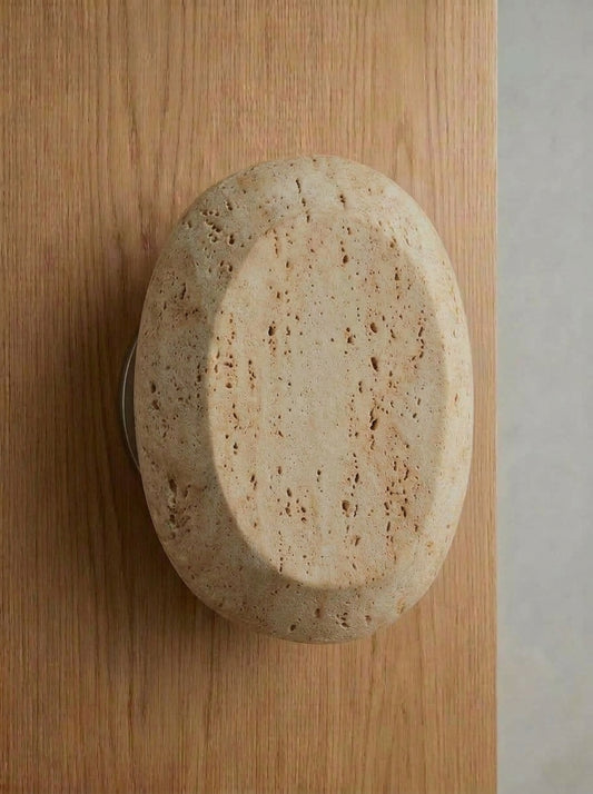 Yukixstone Cream Travertine natural marble oval knob - oversized hand-carved stone wardrobe knob, full-palm pebble grip